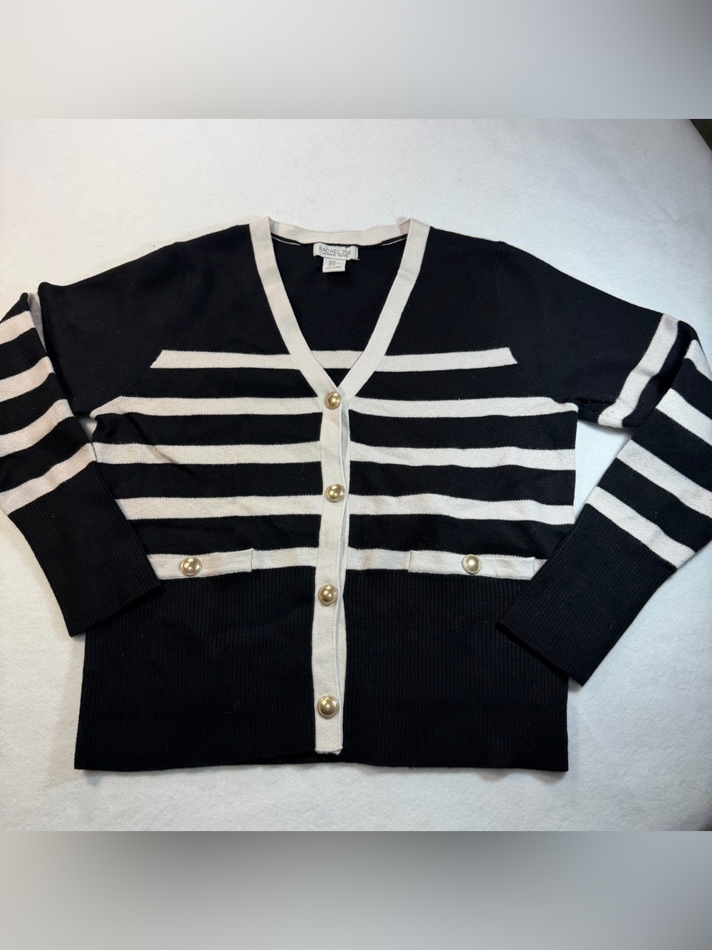 Rachel Zoe XL Black White Striped Gold Button Cardigan